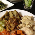 蒸し鶏と野菜のゴボウソース、白菜のゆかりマヨサラダ、春菊とたまごのバター醤油炒め、セロリ