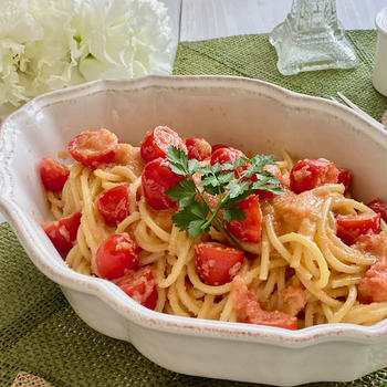 ミニトマトごろごろ我が家の明太子スパゲッティ