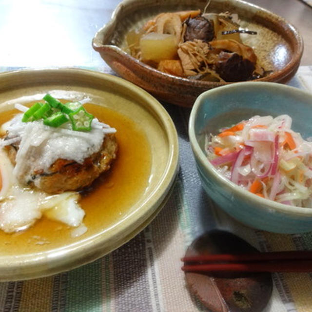 豆腐ハンバーグおろし長芋餡・コールスロー・冬瓜で筑前煮