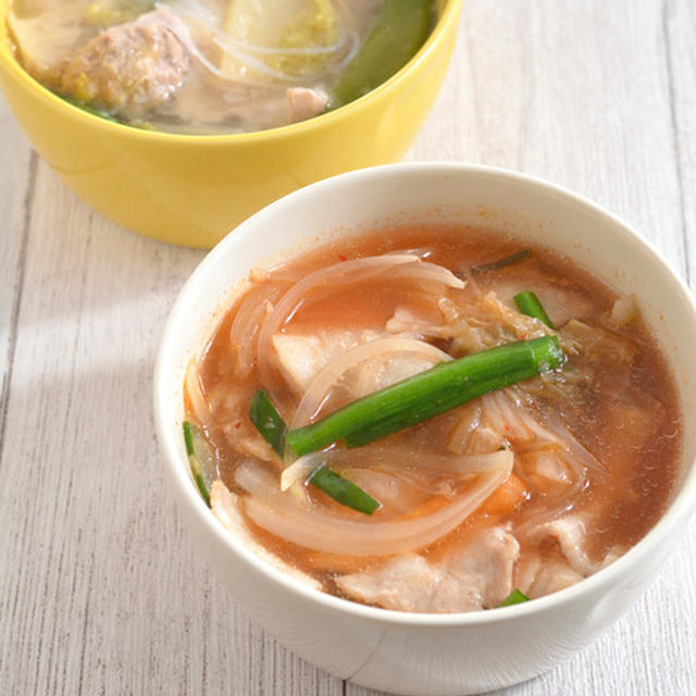 お一人様作り置きスープ。（ゆで豚・カット野菜・レンジ調理）