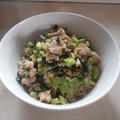 今朝の収穫　青梗菜と豚ミンチの麺つゆ炒め