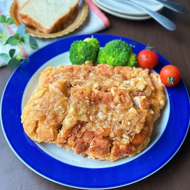 1枚が2枚へ変身☆鶏むね肉と豆腐焼き麩で作るガッツリジャポネソースステーキ