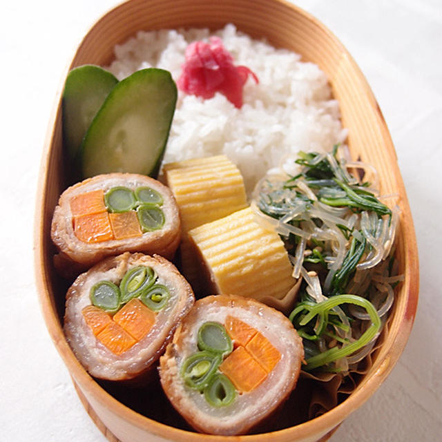野菜の豚肉巻きで男子学生弁当