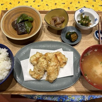 【献立】ささみの天ぷら、茄子とピーマンの焼き浸し、こんにゃくのピリ辛煮、ツナとピーマンのカレー炒め、きゅうりのニンニク醤油漬け、豆腐のお味噌汁