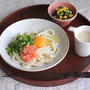 豆乳麺つゆの明太釜玉うどん献立♪