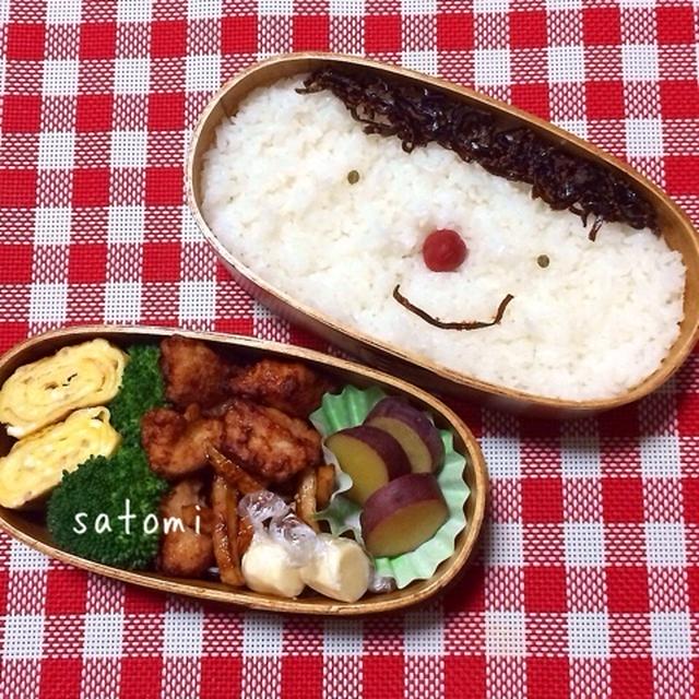 ☆枠弁☆前髪パッツンくんと鮭フレおかっぱちゃん弁当(´▽｀)