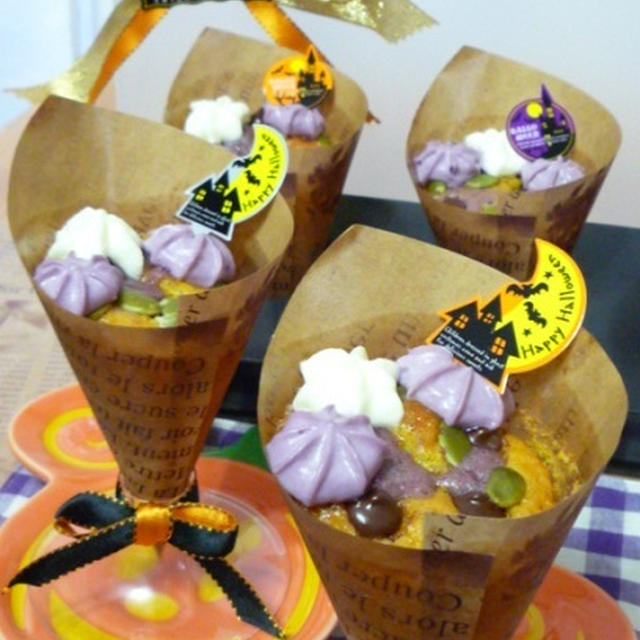 ハロウィンレシピ★紫芋とかぼちゃのマーブル・グレスリーブケーキ