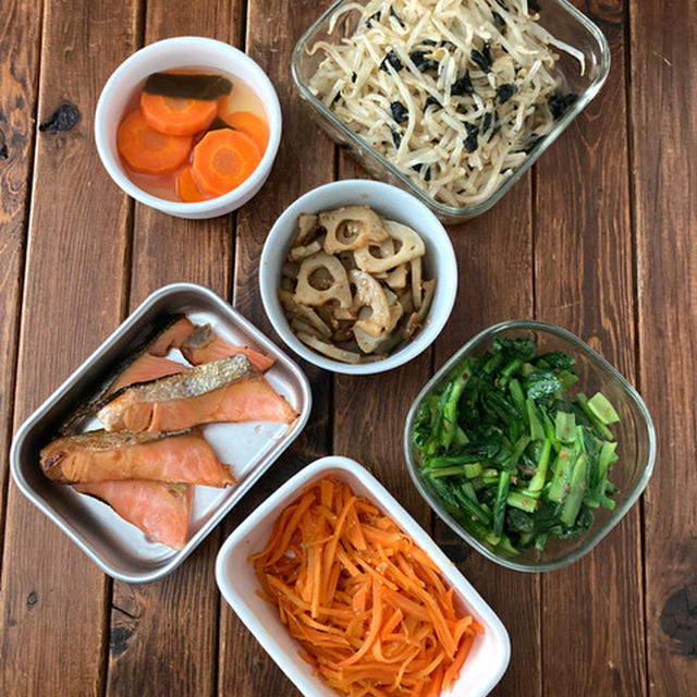 作り置きと翌日の春休みお弁当風プレート。