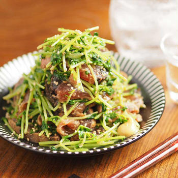 かつおと豆苗のごま酢和え　、　豆苗のシャキシャキ感がいい感じ