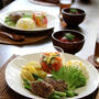 アスパラの肉包み・プレート。トマトの赤だし。