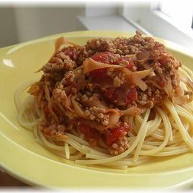 甘辛パスタ・牛蒡とひき肉編。　と献立。