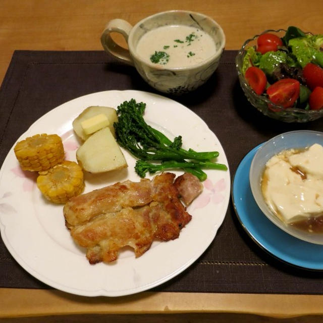 鶏肉の塩麹グリル　と　帆立ご飯の献立　と　庭の春♪