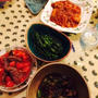 エビチリ、牛トマト、菜の花おひたし、レバネギ、湯どうふ