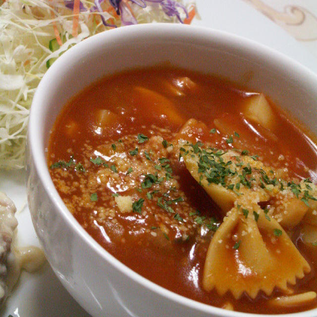 日本食研さんで簡単♪デミトマトのスープパスタ＆クリームチキン