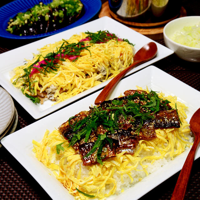 作りおきからさんまのひつまぶし風＆ちらし寿司ダブルの食卓　／　今日のおべんと
