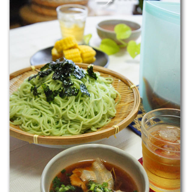 グリン麺　とスチームバッグでつけ麺つゆ