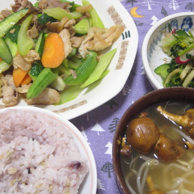 昨日の夕飯(4/24)：キュウリとセロリ、豚肉の炒め物他