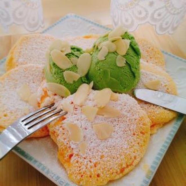 スフレパンケーキ♪小豆ミルク寒天♪
