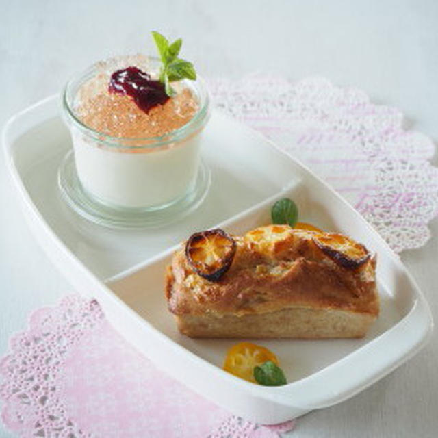 4月のデザート（金柑マフィン＆杏仁豆腐いちごジュレ添え）。。。