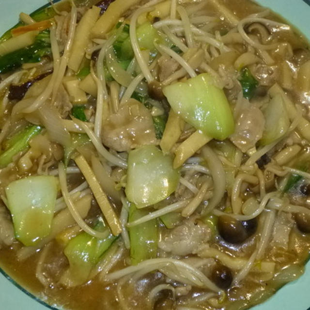 タケノコともやしと青梗菜と豚肉のうま煮炒め