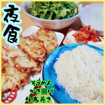 新玉ねぎかき揚げ&そうめん　私の夜食 夫の夜食