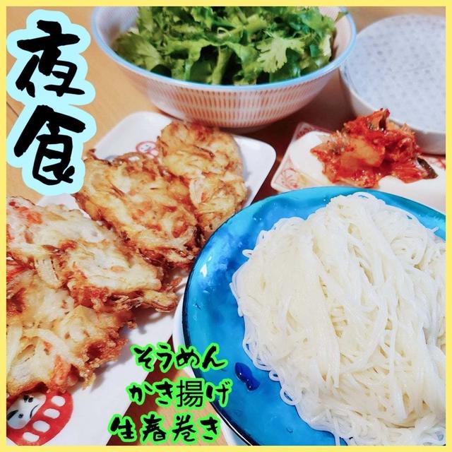 新玉ねぎかき揚げ&そうめん　私の夜食 夫の夜食