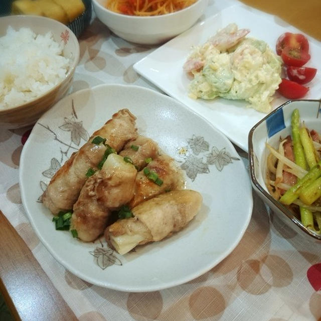 何でもありの晩御飯（笑）京ネギの豚肉巻きあんかけ。