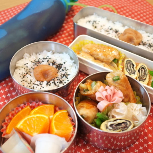 息子ちゃんとパパの☆チキンロール弁当♪　しそ梅海苔巻き玉子焼き