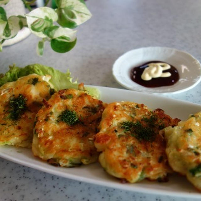 粉もの大好き♪ はんぺんと豆腐と葱のお好み焼き　