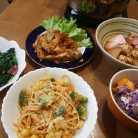 蟹のトマトクリームスパゲティと、なんこつから揚げ