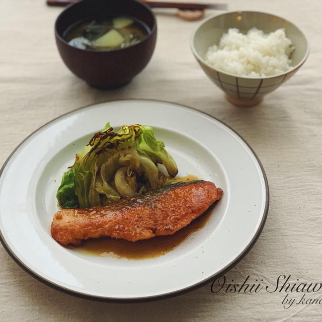 春キャベツと鮭のカレー照り焼き