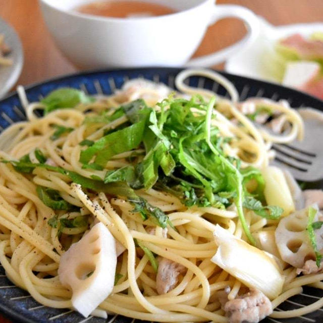 お家でカフェ気分★蓮根と長葱の和風パスタ