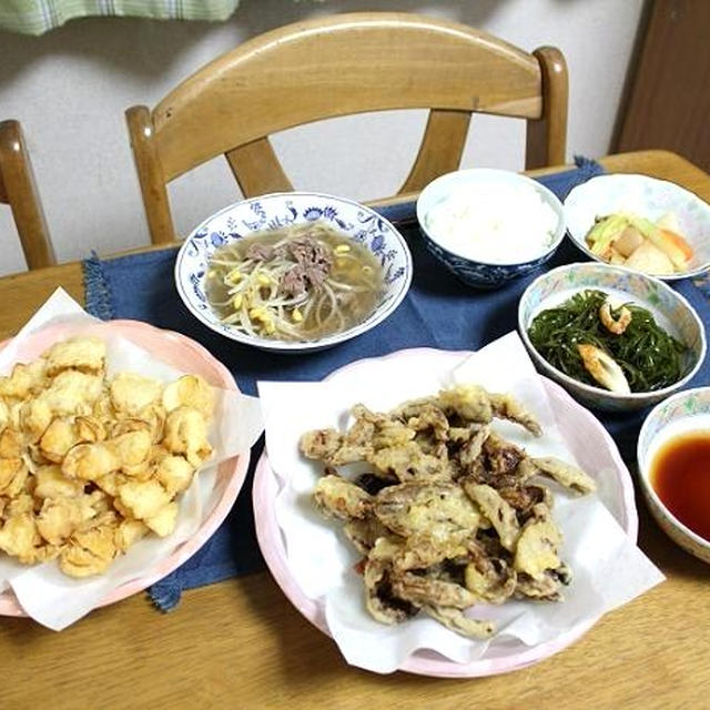 ゆり根となめこの天ぷらと切り昆布とちくわの煮物と牛肉と豆もやし中華スープでうちごはん（レシピ付）