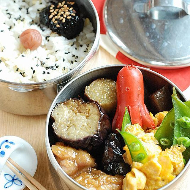 鶏肉と茄子の甘酢あえ弁当【成長過程をジブリ風イラストに】