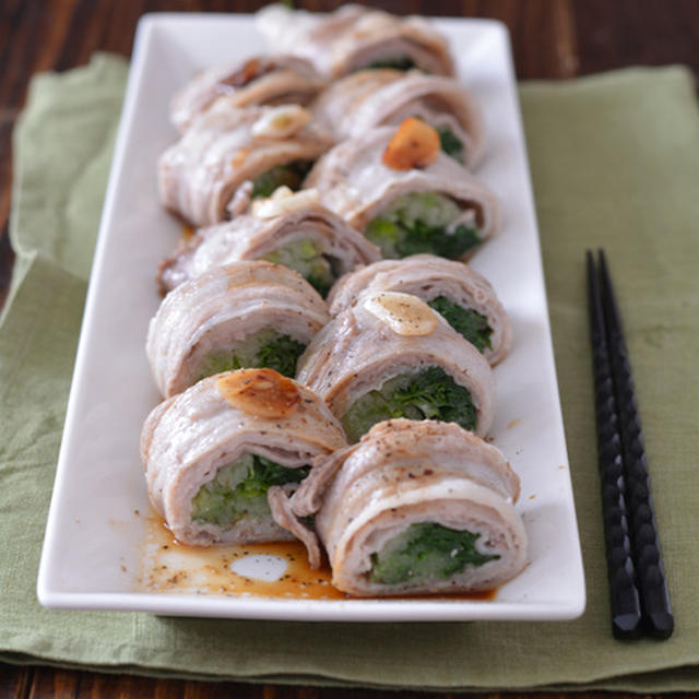水菜の豚バラ巻き。【蒸し焼きだけ・調味料少なく】のごはんの日。ホワイトデー。