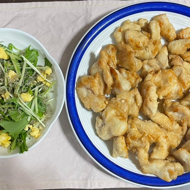 鶏ムネ肉の竜田揚げ♪ 水菜とたまごとちりめんじゃこのサラダ♪