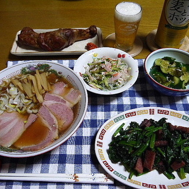 【夕食】醤油らーめん・ほうれん草とソフトサラミの炒め物・ローストポーク…