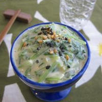 帰ってきたぞ、の、水菜の豆乳カラシ酢味噌和え。