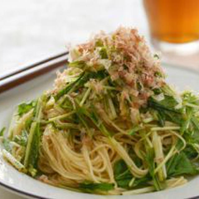 水菜の汁なしそうめん。（和えそうめん）