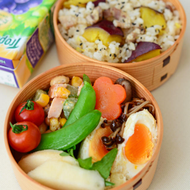 １月１０日　土曜日　豚バラとさつま芋の炊き込みご飯＆卵巾着ときのこの煮物