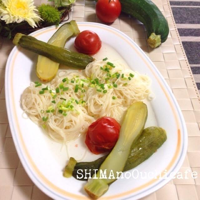 簡単♪　あっさり、爽やか〜　夏のお昼に！夏野菜のお出汁コンポートの素麺