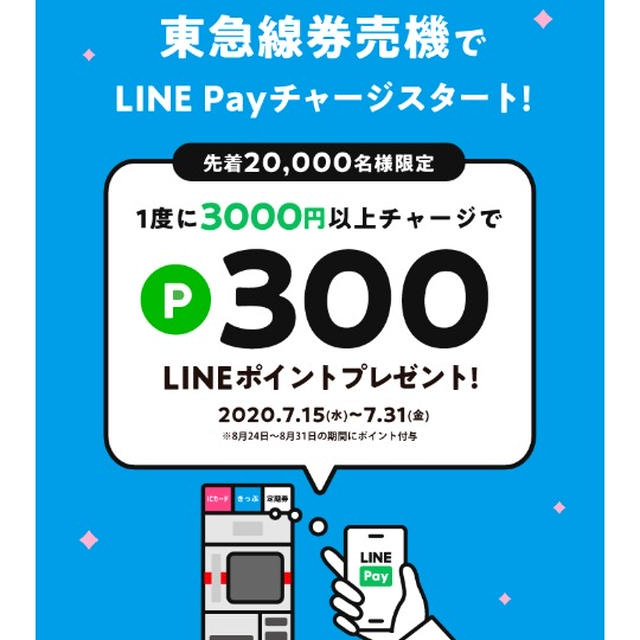 先着☆LINE Payを東急線券売機チャージLINEポイント300ポイントプレゼント