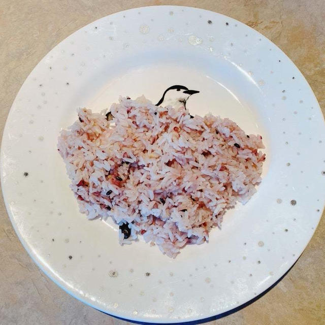 十六穀ご飯をペンギン皿に盛る
