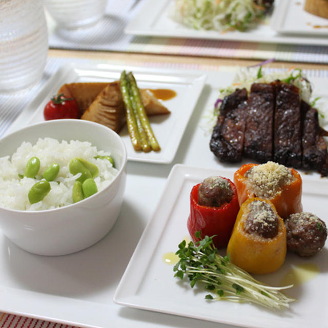 ■ピーマン肉詰めワンプレート晩ごはん。