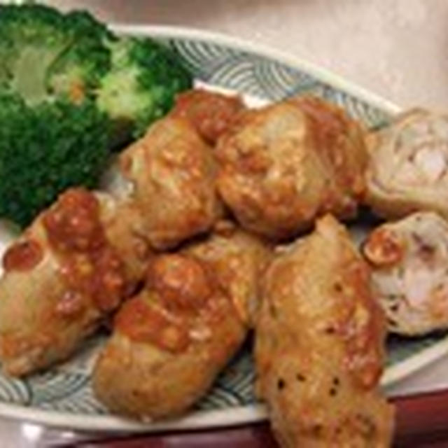 冷蔵庫と相談メニュー　エビとレンコンの豚肉巻き　里芋の味噌焼き