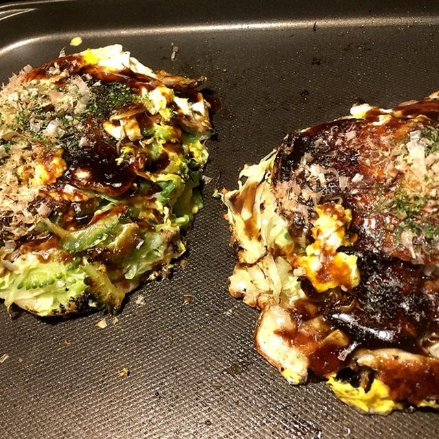 ゴーヤ入りの広島焼き風お好み焼きでゴーヤの栄養素をしっかり吸収してやりますねん