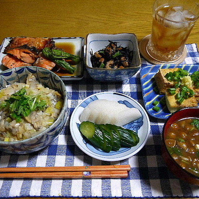 【夕食】深川めし・鮭の焼き漬け・ひじきの煮物…