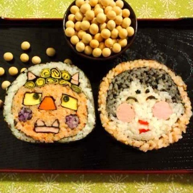節分 1 飾り巻き寿司 鬼とおたふく と 可愛い黒豆ムース By Bibiすみれさん レシピブログ 料理ブログのレシピ満載