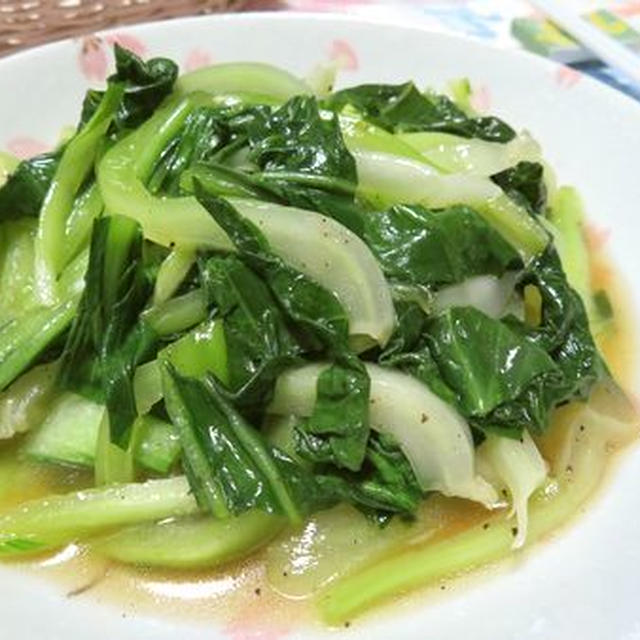 5分蒸し焼きでラクラク☆　細切りチンゲン菜のオイスターソース炒め