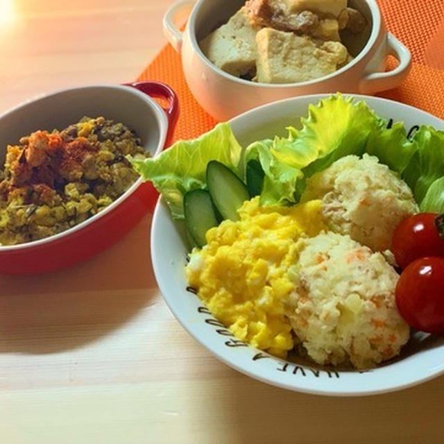 【ダイエットごはん】低脂質☆豆乳ポテサラ&大豆のキーマカレー&肉豆腐